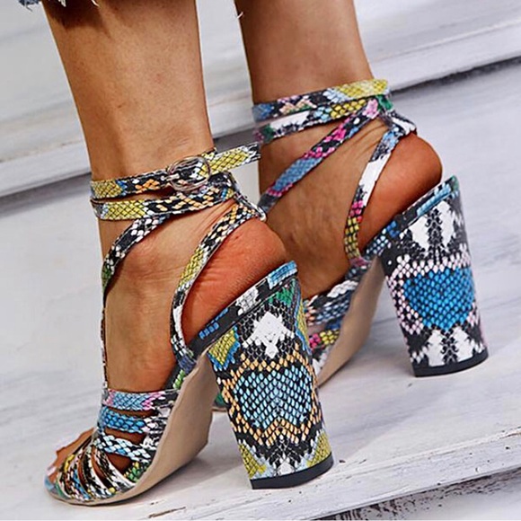 PAOTMBU Multicolor Ankle Strap Block Heel Sandals and Matching Bag 🔆 - Picture 3 of 12